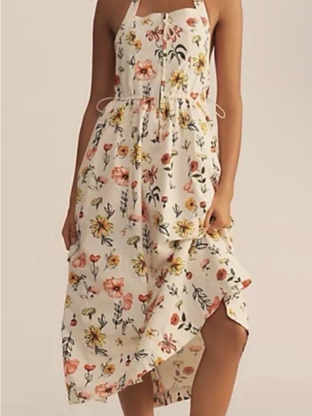 Daily Practice Anthropologie Floral Halter Relaxed Midi Dress Cream Boho XS